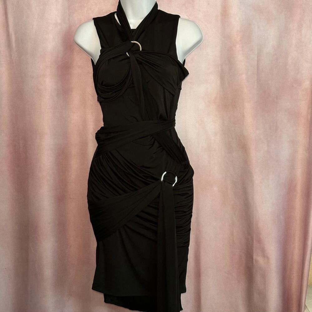 Fashion Nova Black Ruched O-Ring Bodycon Mini Dress Sleeveless Wrap Style Small
